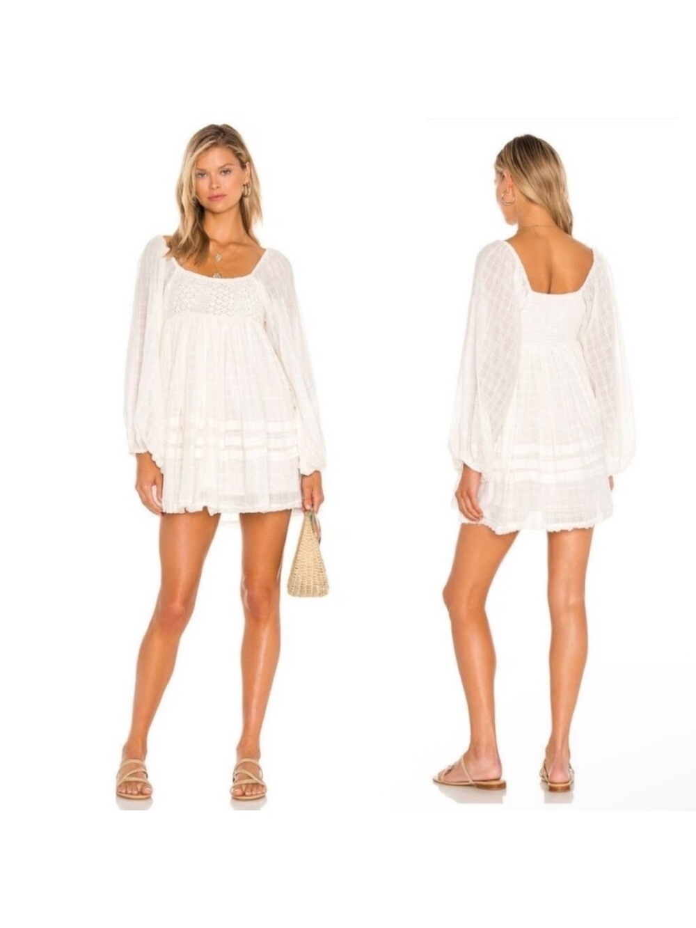 Free People Ari White Crochet-Bust Peasant Mini Dress Bohemian Cottagecore